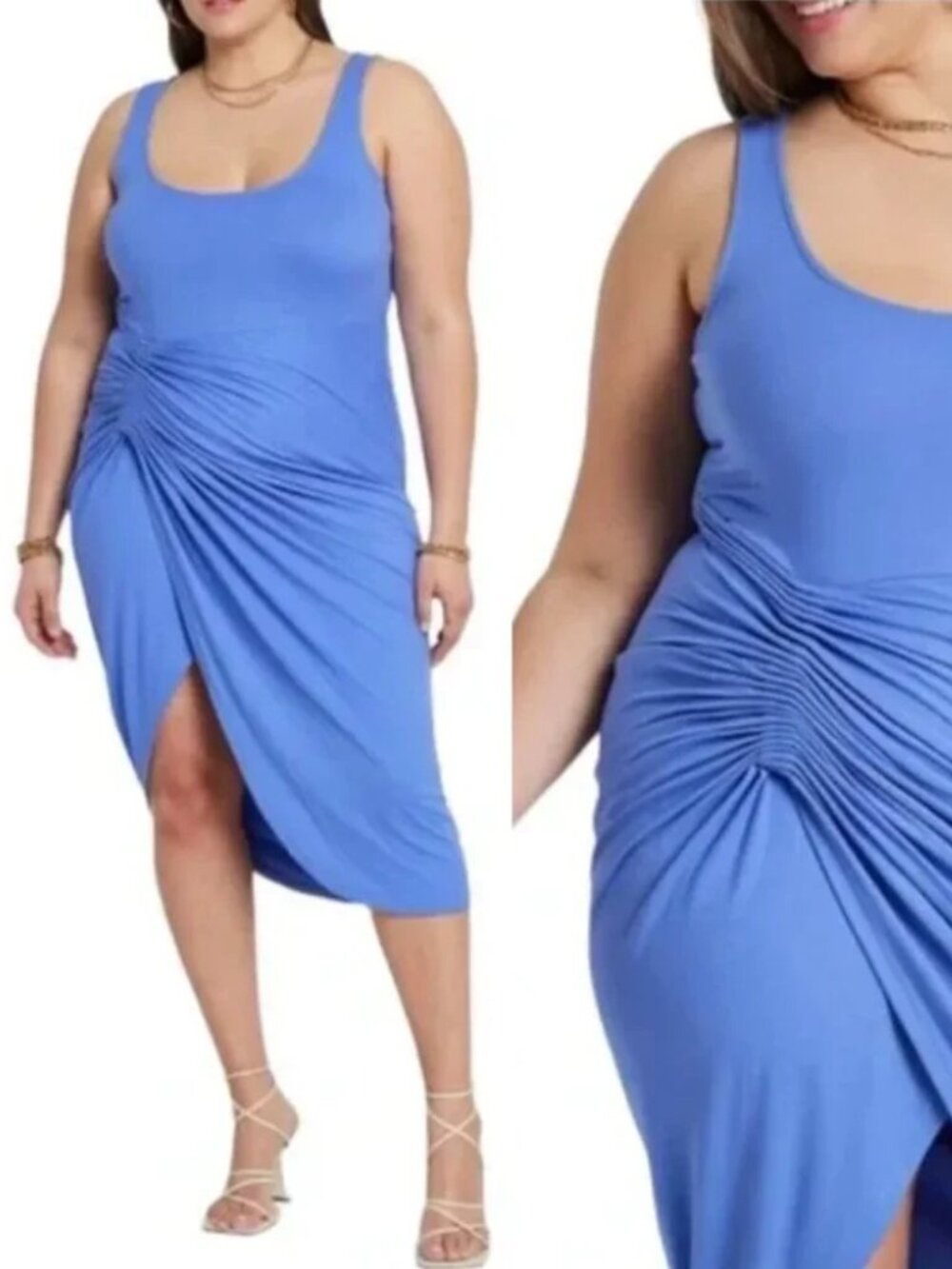 NWT Eloquii Blue Scoop Neck Ruched Cinched Side Midi Dress